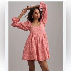 Anthropologie | Pilcro Babydoll Quarter Sleeve Mini Dress in Coral Pink Floral L